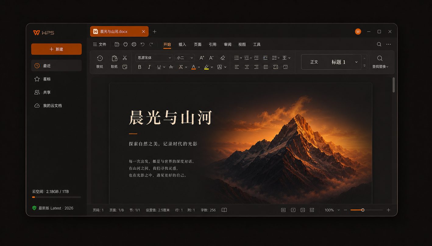 WPS Office深色工作区全景界面展示，新一代全能型办公软件